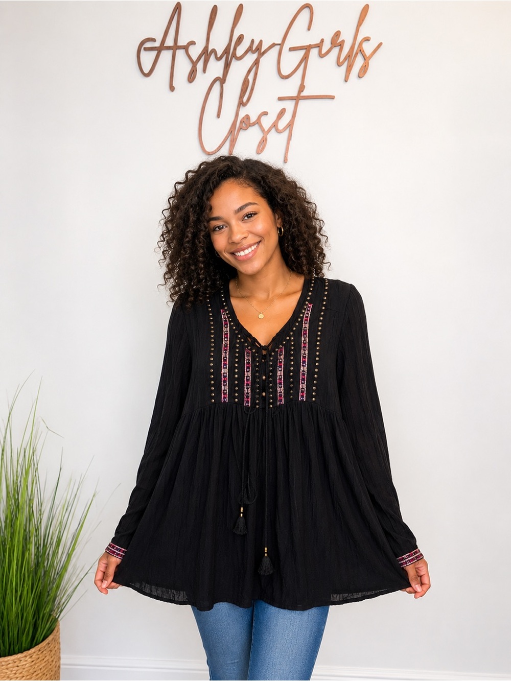 RebelCal Black Boho Embellished Sheer Tunic Top